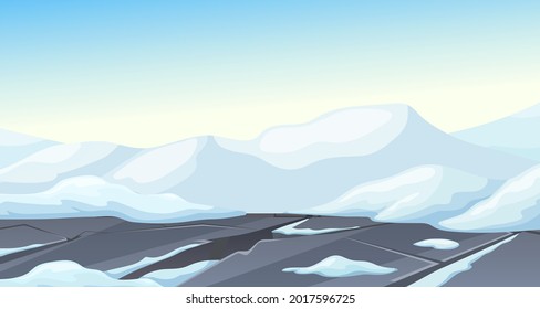 Ice age. Cartoon game landscape with mountains of snow. Frozen park, destroyed road after storm. Aftermath of a natural disaster. Vector illustration.