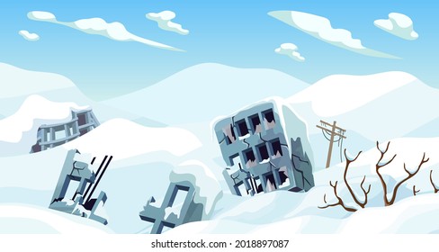 Ice age. Cartoon game landscape with mountains of snow and city. Frozen park, destroyed buildings, road after storm. Aftermath of natural disaster. Vector illustration.
