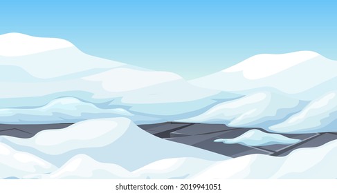 Ice age. Cartoon game landscape with mountains of snow. Frozen park, destroyed road after storm. Aftermath of a natural disaster. Vector illustration.