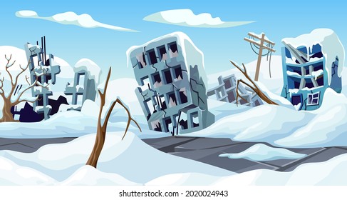 Ice age. Cartoon game landscape with mountains of snow and city. Frozen park, destroyed buildings, road after storm. Aftermath of natural disaster. Vector illustration.
