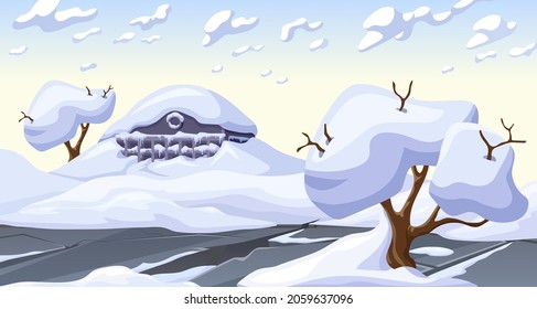 Ice age. Cartoon game landscape with mountains of snow and city. Frozen park, destroyed buildings, road after storm. Aftermath of natural disaster. Vector illustration.