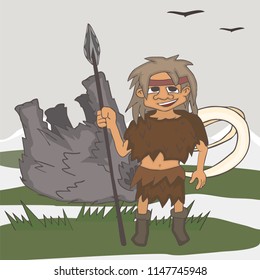 ice age hunter with killed prey, funny vector cartoon illustration of stone age foraging