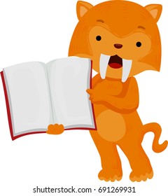 Ice Age Illustration Featuring a Cute Sabertooth Tiger Pointing to the Page of an Open Book