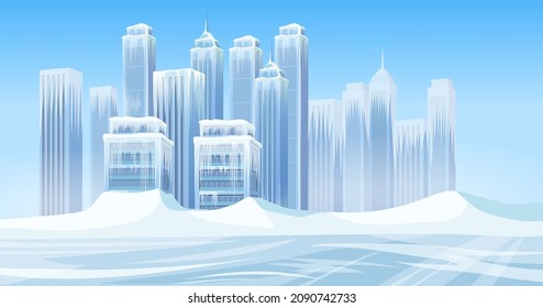 Ice age in modern city. Poster skyscrapers, mountains of snow and buildings. Frozen town after snowfall storm. Aftermath of natural disaster. Cartoon game vector illustration.