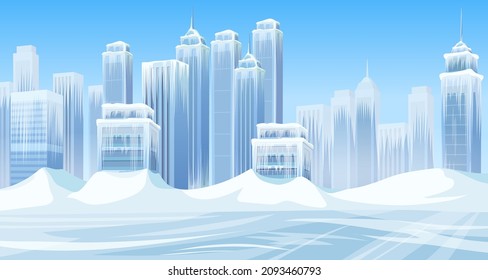 Ice age in modern city. Poster skyscrapers, mountains of snow and buildings. Frozen town after snowfall storm. Aftermath of natural disaster. Cartoon game vector illustration.