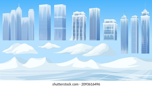 Ice age in modern city. Set skyscrapers, mountains of snow and buildings. Frozen town after snowfall storm. Aftermath of natural disaster. Cartoon game vector illustration.