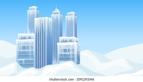 Ice age. Skyscrapers, mountains of snow and buildings. Snowfall in modern city. Frozen town after storm. Aftermath of natural disaster. Cartoon game vector illustration.