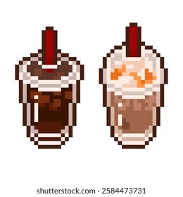 Ice americano and caramel macchiato coffee cold in cup with red straw on it for refreshing the summer day vector pixel art for element, game, icon, sticker