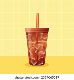 Ice americano on yellow background. Vector illustration of cold brew coffee with ice cubes. Summer refreshing beverage in plastic cup to go.