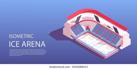 Arena de hielo, parque de hockey, estadio deportivo, pista de torneos, campo de juego. Liga de campeonato, competencia de partidos, construcción moderna. Isometric vector ilustración