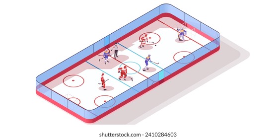 Arena de hielo, deportista jugando hockey en el patio de juegos, estadio deportivo, pista de torneos, campo de juego. Liga de campeonato, competencia de partidos, construcción moderna. Isometric vector ilustración