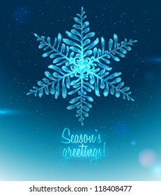 Ice asymmetrical  hand drawn snowflake Seasons greetings card - vector illustration.