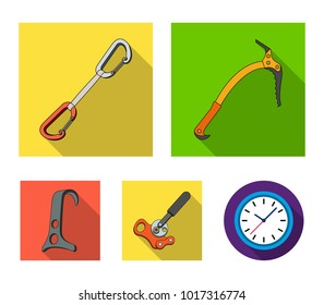 An ice ax, a carbine and other equipment.Mountaineering set collection icons in flat style vector symbol stock illustration web.