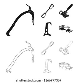 An ice ax, a carbine and other equipment.Mountaineering set collection icons in black,outline style vector symbol stock illustration web.