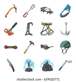Ice ax, conquered top, mountains in the clouds and other equipment for mountaineering.Mountaineering set collection icons in cartoon style vector symbol stock illustration web.