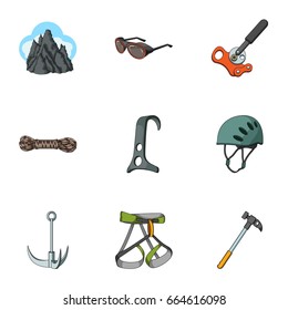 Ice ax, conquered top, mountains in the clouds and other equipment for mountaineering.Mountaineering set collection icons in cartoon style vector symbol stock illustration web.