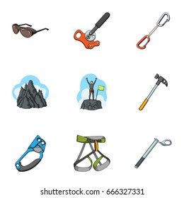 Ice ax, conquered top, mountains in the clouds and other equipment for mountaineering.Mountaineering set collection icons in cartoon style vector symbol stock illustration web.