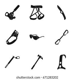 Ice ax, conquered top, mountains in the clouds and other equipment for mountaineering.Mountaineering set collection icons in black style vector symbol stock illustration web.