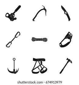 Ice ax, conquered top, mountains in the clouds and other equipment for mountaineering.Mountaineering set collection icons in black style vector symbol stock illustration web.