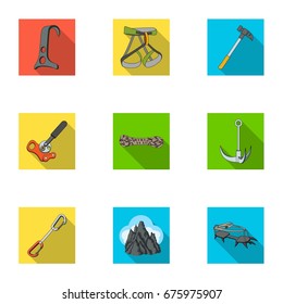 Ice ax, conquered top, mountains in the clouds and other equipment for mountaineering.Mountaineering set collection icons in flat style vector symbol stock illustration web.