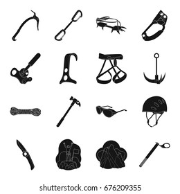 Ice ax, conquered top, mountains in the clouds and other equipment for mountaineering.Mountaineering set collection icons in black style vector symbol stock illustration web.