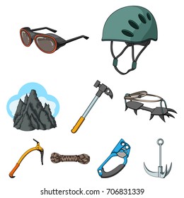 Ice ax, conquered top, mountains in the clouds and other equipment for mountaineering.Mountaineering set collection icons in cartoon style vector symbol stock illustration web.