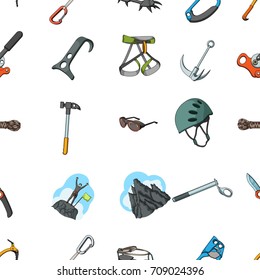 Ice ax, conquered top, mountains in the clouds and other equipment for mountaineering.Mountaineering set collection icons in cartoon style vector symbol stock illustration web.