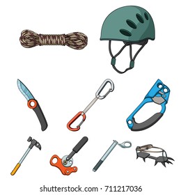 Ice ax, conquered top, mountains in the clouds and other equipment for mountaineering.Mountaineering set collection icons in cartoon style vector symbol stock illustration web.