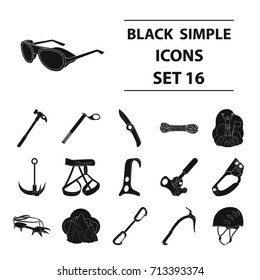 Ice ax, conquered top, mountains in the clouds and other equipment for mountaineering.Mountaineering set collection icons in black style vector symbol stock illustration web.