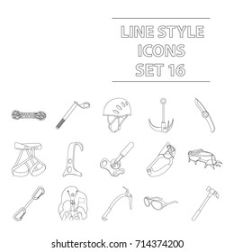 Ice ax, conquered top, mountains in the clouds and other equipment for mountaineering.Mountaineering set collection icons in outline style vector symbol stock illustration web.