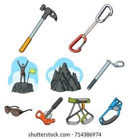 Ice ax, conquered top, mountains in the clouds and other equipment for mountaineering.Mountaineering set collection icons in cartoon style vector symbol stock illustration web.