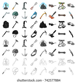 Ice ax, conquered top, mountains in the clouds and other equipment for mountaineering.Mountaineering set collection icons in cartoon style vector symbol stock illustration web.