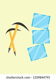 Ice axe and blocks of ice - ice climbing symbol.