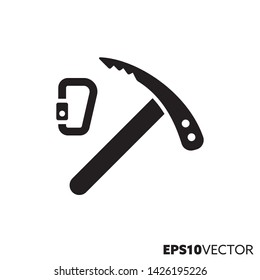 Ice axe and carabine solid black icon. Glyph symbol of climbing and winter sports. Sports equipment flat vector illustration.