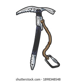 Ice axe hiking climbing tool sketch color engraving vector illustration. Scratch board style imitation. Black and white hand drawn image.