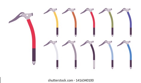 Ice axe set. Climbers light tool for cutting footholds in snow, hiking and mountaineering gear. Vector flat style cartoon illustration isolated on white background, different views and color