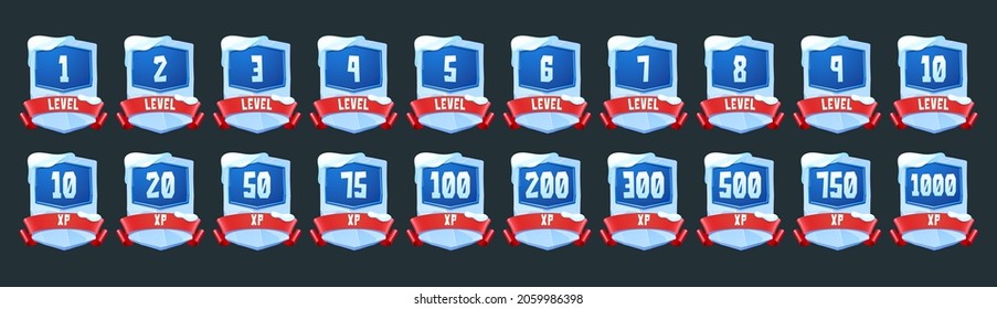 Ice badges with level number and experience points for game ui design. Vector cartoon icons of labels from ice and snow with rank, xp and red ribbons isolated on black background