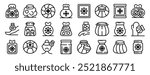 Ice bag icons set. Line icons depict a variety of cooling elements, including ice packs, cooling bags, and people using them for pain relief and food storage