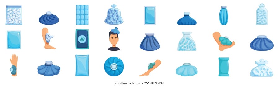 Ice bag icons set. Patient applying ice pack for pain relief after trauma injury icon set in cartoon style