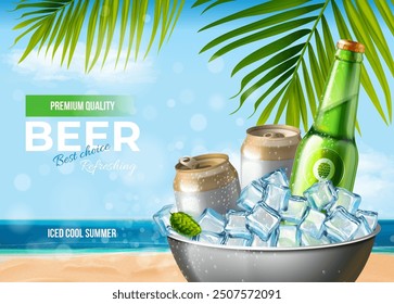 Ice beer can. Frozen alcohol soda beverage aluminium cans with iced cubes in bucket, refreshment drink branding product packaging advertising realistic 3d exact vector illustration original artwork