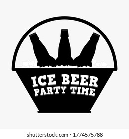 Ice beer and party time. Inscription on a basket with bottles beer and white ice cubes. Vector illustration. Black silhouette.