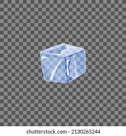 Ice block in realistic vector illustration, isolated on transparent background. Icy blue cube for water, drink or coctail. Frozen clear crystal water solid piece.