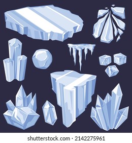 Ice Blocks, Cubes, Stalagmite Or Stalactite, Icebergs In Realistic Vector Illustration Isolated On Dark Blue Background. Set Of Various Ices In Solid Shapes, Blue Brilliant Clear Icy Crystals.