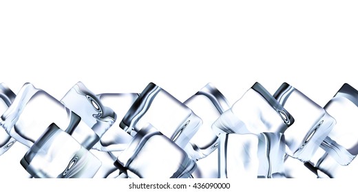 Lot of ice blocks on white background isolated. Vector border. Realistic illustration