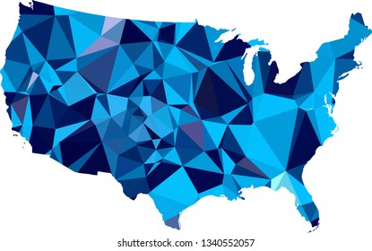 Ice blue USA Map in Low Poly Style on isolated white background. United States of America area in Polygonal diamond style for your design.