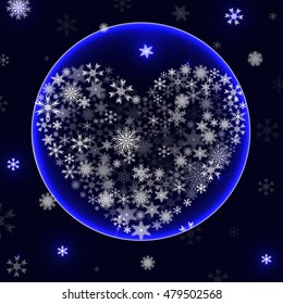 Ice bowl with a beautiful heart on a background of snow