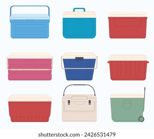 Ice box. Portable cooling box for drinks. Summer vacation on the seashore. Storing food and drinks in a cold box with ice. Vector illustration