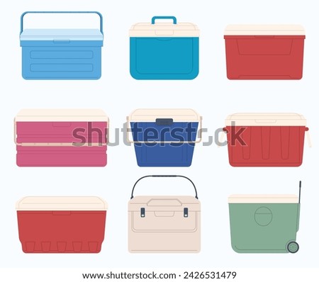 Ice box. Portable cooling box for drinks. Summer vacation on the seashore. Storing food and drinks in a cold box with ice. Vector illustration
