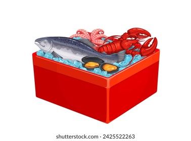 Ice box with seafood or fish market frozen sea food tray, and supermarket packaging, isolated vector. Fresh sea food salmon, lobster, crayfish and octopus with mussels in red container box with ice