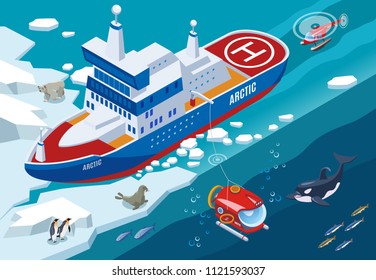 Ice Breaker With Submarine And Helicopter During Arctic Research, Northern Sea Animals Isometric Vector Illustration